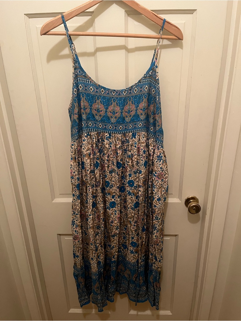 Natural Life Gigi Midi Dress tan and blue floral border print Summer Boho L